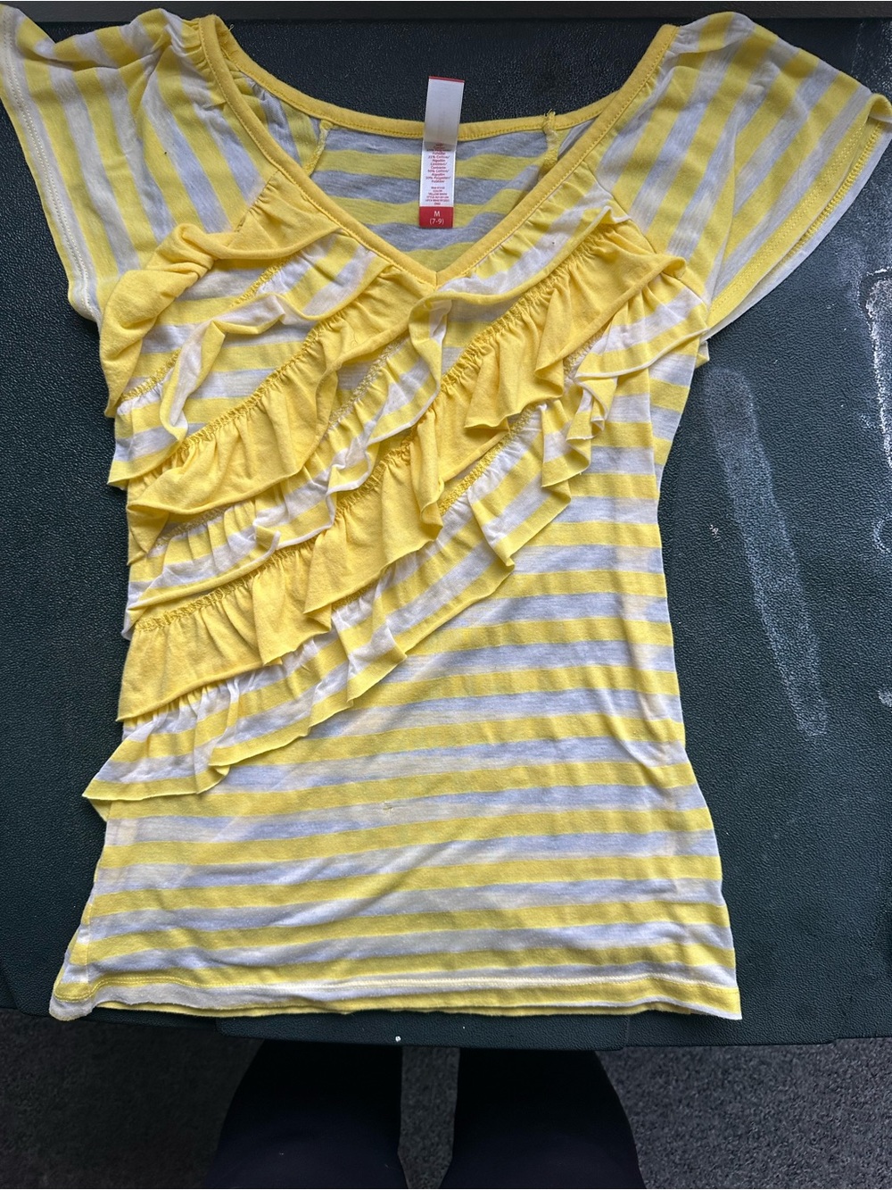 Women's No Boundaries Yellow & White Striped Ruffle Short-Sleeve Top